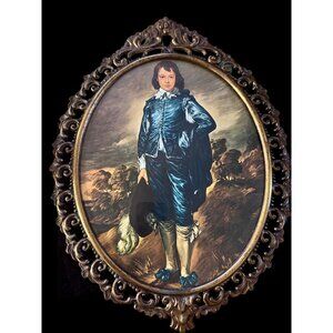 Oval The Blue Boy Picture Convex Bubble Glass Ornate Italian Frame 17x12” VTG